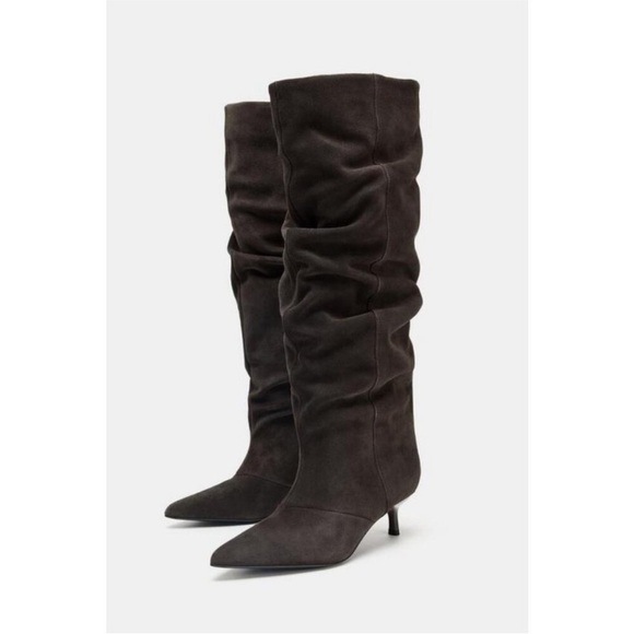 Zara Shoes - Zara Chocolate Brown Split Suede Slouchy Heeled Boots Size 8 NWT